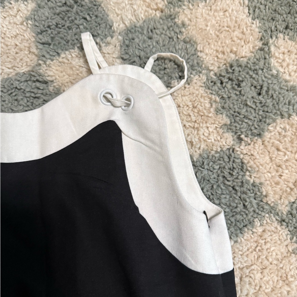 AUREUM linen blend black and white wave hem mini dress lined sleeveless Small - Picture 5 of 11